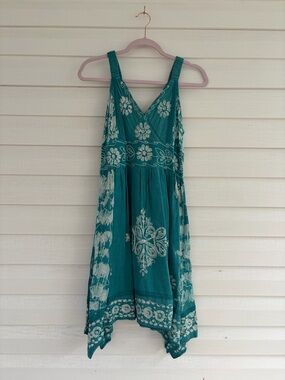 Shoreline Turquoise Floral Asymmetrical Embroidered Dress Boho Coastal